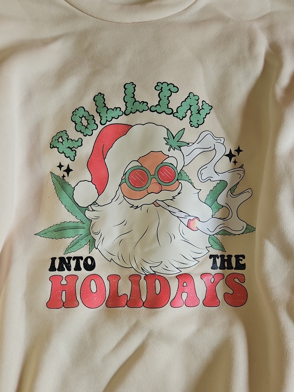 Christmas Santa 'Rollin Into The Holidays' Off Cream/Yellow Womens Size XL
